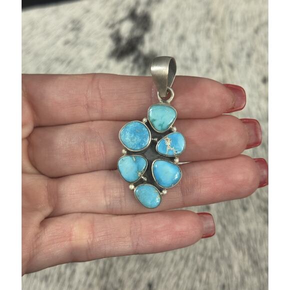 Southwest Jewelry - Sterling Silver 2” Blue Ridge Turquoise Multistone Cluster Pendant 6 Stone 925